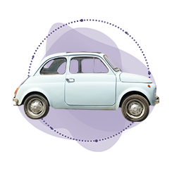 Kompakts zils transportlīdzeklis uz bagātīga violetā fona, uzsverot, ka nav mijiedarbības gadījumu ar citiem medikamentiem.